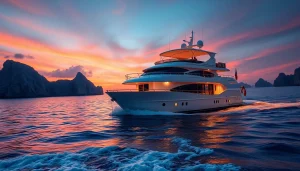 Experience magical Cabo sunset cruise deals with a luxury yacht against a stunning sunset backdrop.