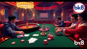 Players engaging in high-stakes gambling at bk8 casino with vibrant tables and luxurious ambiance.