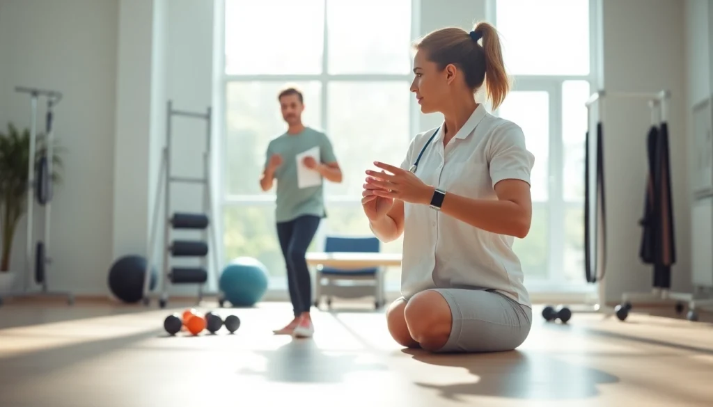 Showcasing Physical Therapy Marketing through a therapist assisting a patient in a bright clinic.