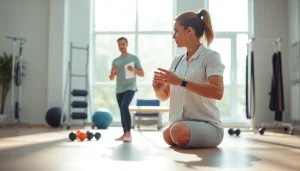 Showcasing Physical Therapy Marketing through a therapist assisting a patient in a bright clinic.