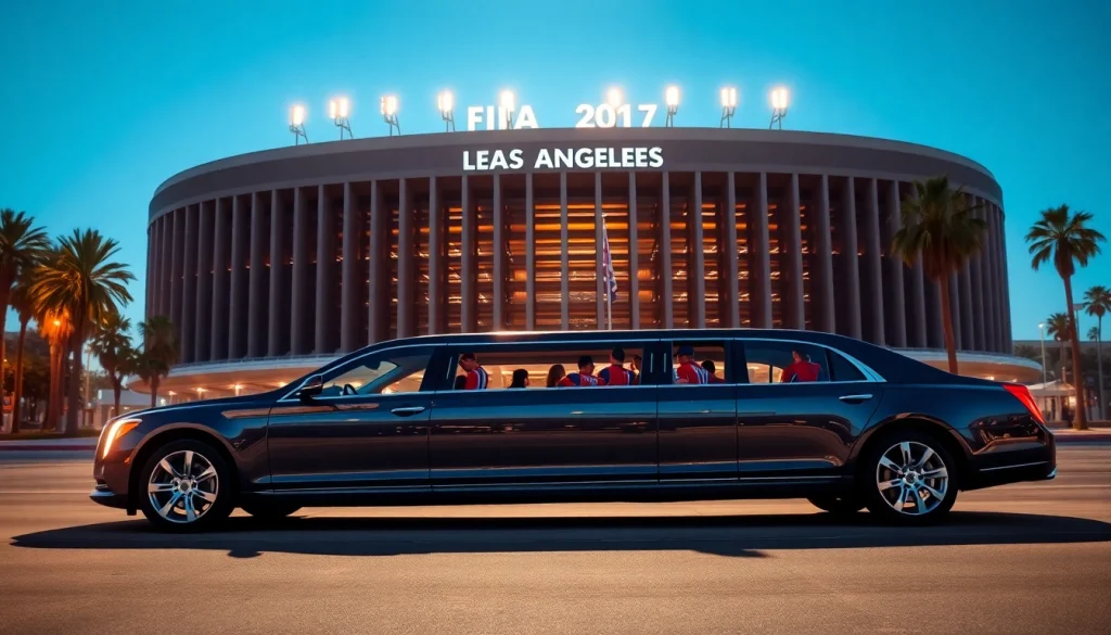 Exciting World Cup Group Transportation in a luxury limousine outside a Los Angeles stadium.