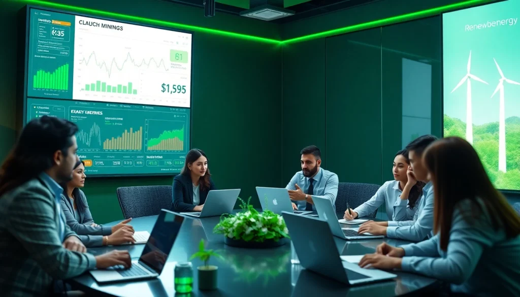 Professional team discussing dogecoin cloud mining strategies in a high-tech, sustainable environment.