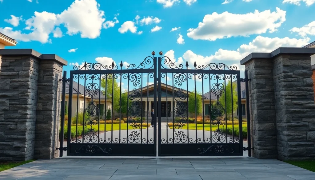 Elegant custom steel gates welcoming visitors into a beautifully landscaped garden.