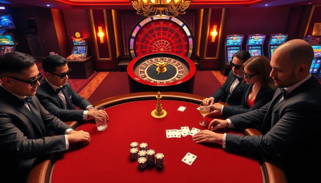 A thrilling scene at a poker table featuring players engaged in high-stakes action at https://jun88buzz.info/ with vibrant chips and cards.