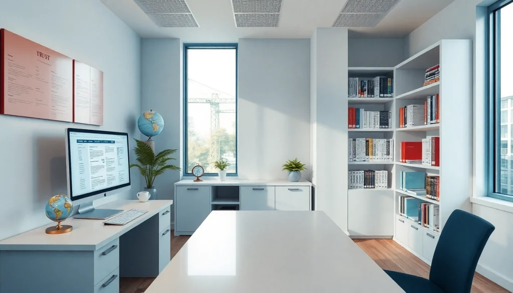 Professional workspace showcasing traducere autorizată services with modern design and multilingual elements.