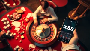 Exciting gameplay at XX88 casino showcases roulette, poker chips, and online betting.
