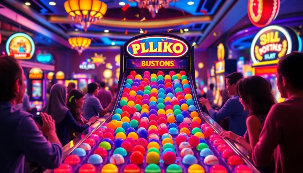 Menggugah kegembiraan saat bermain plinko slot dengan bola berwarna-warni jatuh di papan permainan.