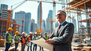 New York Construction Manager leading a construction team at a bustling project site.