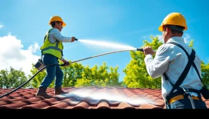 Roof cleaning in Kissimmee, showcasing a professional team using soft washing techniques.