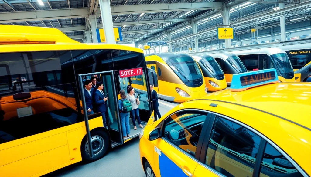 Transportation hub showcasing various vehicles and busy urban activity, depicting efficient transport services.