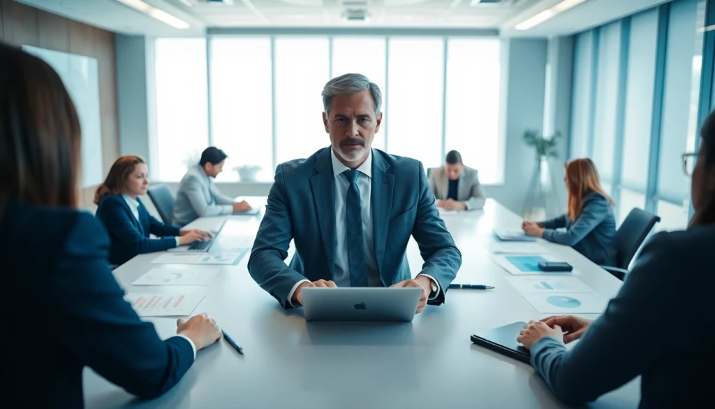 Crisis management consultant leading a team discussion in a professional office environment.