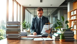 An engaged environmental lawyer reviewing legal documents in a modern office ambiance.
