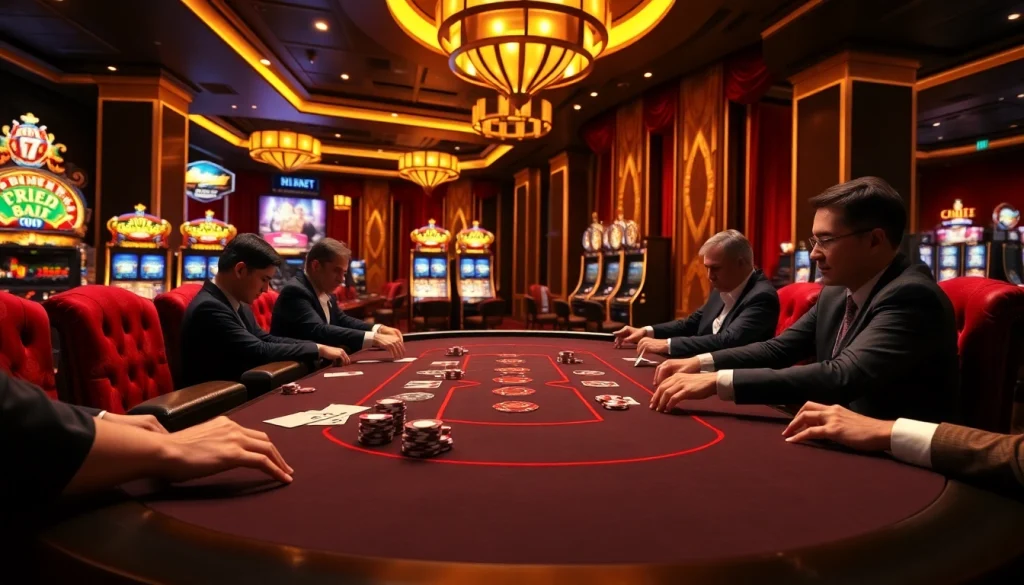 Sophisticated SHBET casino scene showcasing engaging gameplay with poker chips and vibrant slot machines.