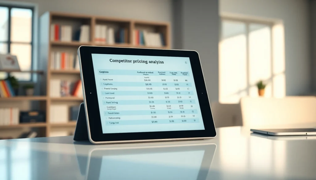 Analyze competitor pricing data on a sleek tablet in a modern office environment.