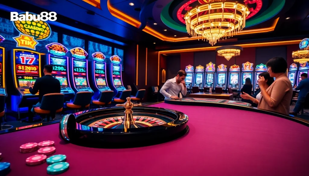 Exciting gambling action at a Babu88 casino table with poker chips and roulette wheel.