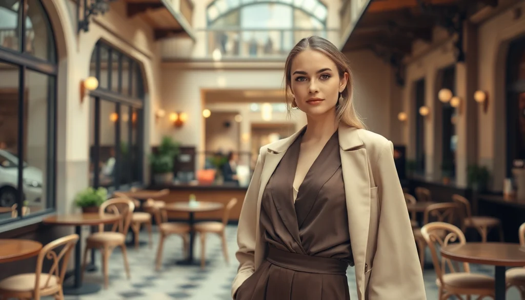 Rivelle fashion model elegantly presenting sophisticated clothing in an upscale urban café.