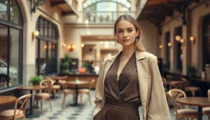 Rivelle fashion model elegantly presenting sophisticated clothing in an upscale urban café.