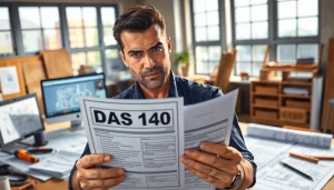 DAS 140 form being reviewed by a contractor in an office setting with blueprints and tools.