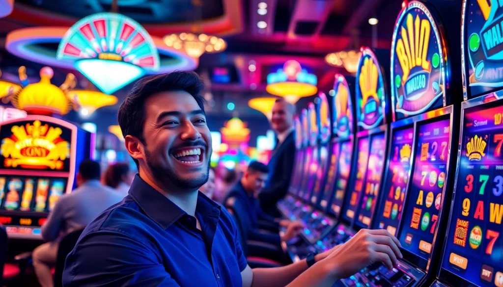 Memenangkan istana777 bet di mesin slot dengan suasana kasino yang meriah.