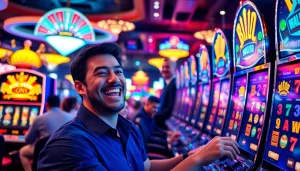 Memenangkan istana777 bet di mesin slot dengan suasana kasino yang meriah.