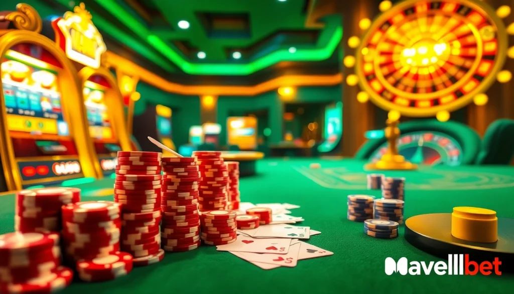 Marvelbet casino scene with luxurious cards, vibrant slots, and excited players enjoying high-stakes betting.
