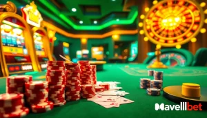 Marvelbet casino scene with luxurious cards, vibrant slots, and excited players enjoying high-stakes betting.