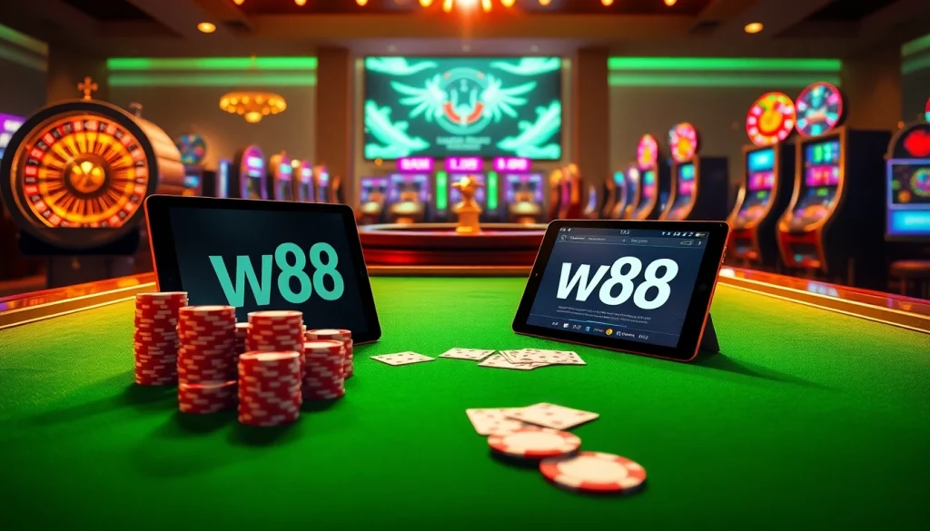 Trải nghiệm cảm giác cá cược trực tuyến đầy hồi hộp với liên kết truy cập W88, nổi bật với các quân chip poker và các yếu tố trò chơi số.