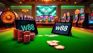 Trải nghiệm cảm giác cá cược trực tuyến đầy hồi hộp với liên kết truy cập W88, nổi bật với các quân chip poker và các yếu tố trò chơi số.