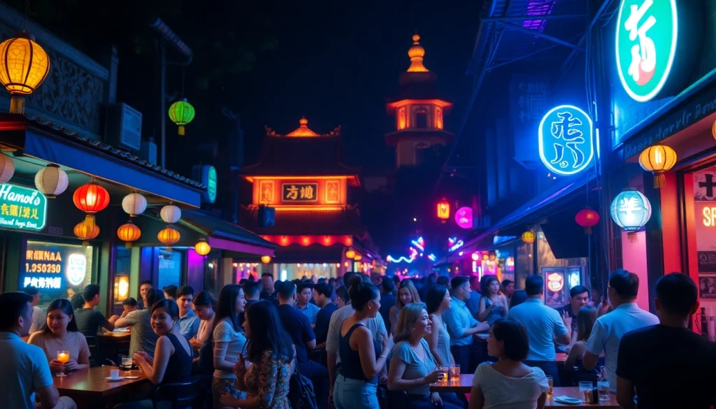 Explore 하노이밤문화 with vibrant nightlife filled with bars, neon lights, and lively crowds.