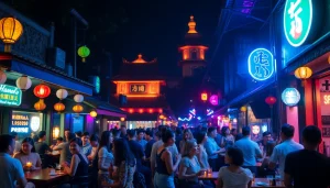 Explore 하노이밤문화 with vibrant nightlife filled with bars, neon lights, and lively crowds.