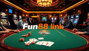 Gambling enthusiasts engaging at a table showcasing the Fun88 link in a vibrant casino atmosphere.