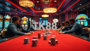 Engage in thrilling poker action at TK88 casino with vibrant chips and a luxurious atmosphere.