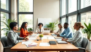 Team collaborating on Contract Management. at a vibrant office meeting.