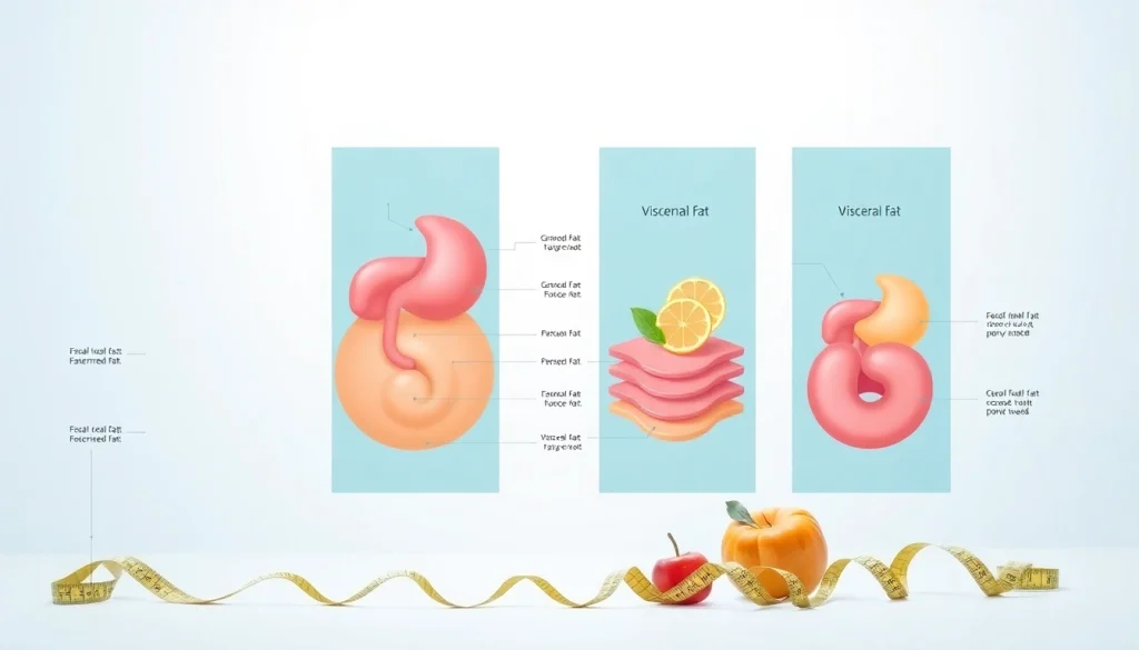 Visual representation of visceral fat surrounding abdominal organs highlighting health risks.