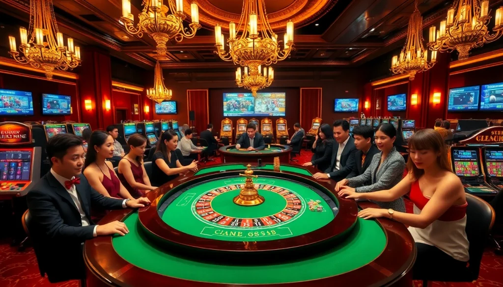 Engage with the vibrant gaming action at trang chủ uu88, featuring roulette, poker, and slots in a luxury casino setting.