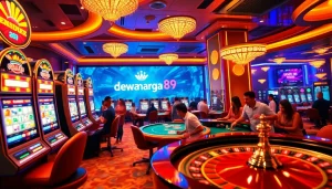 Pemain menikmati sensasi kemenangan pada mesin slot Dewanaga89 di lingkungan kasino yang mendebarkan.