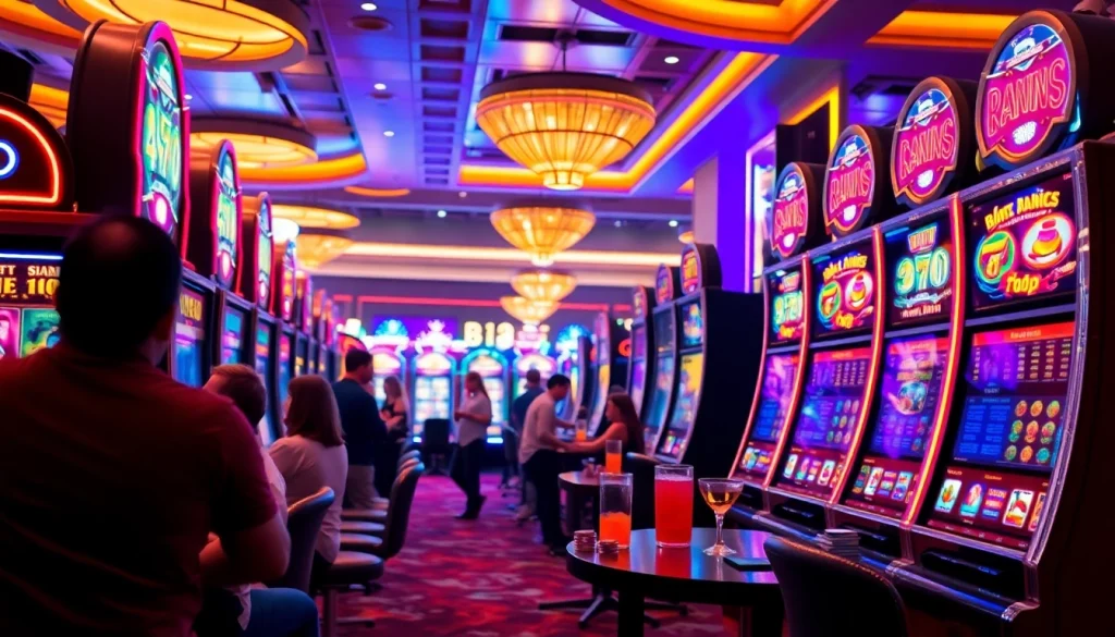 Slot deposit pulsa pada mesin slot yang penuh warna dan pemain terlibat dalam aksi, menciptakan suasana kasino yang menyenangkan.