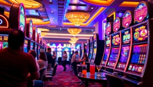 Slot deposit pulsa pada mesin slot yang penuh warna dan pemain terlibat dalam aksi, menciptakan suasana kasino yang menyenangkan.