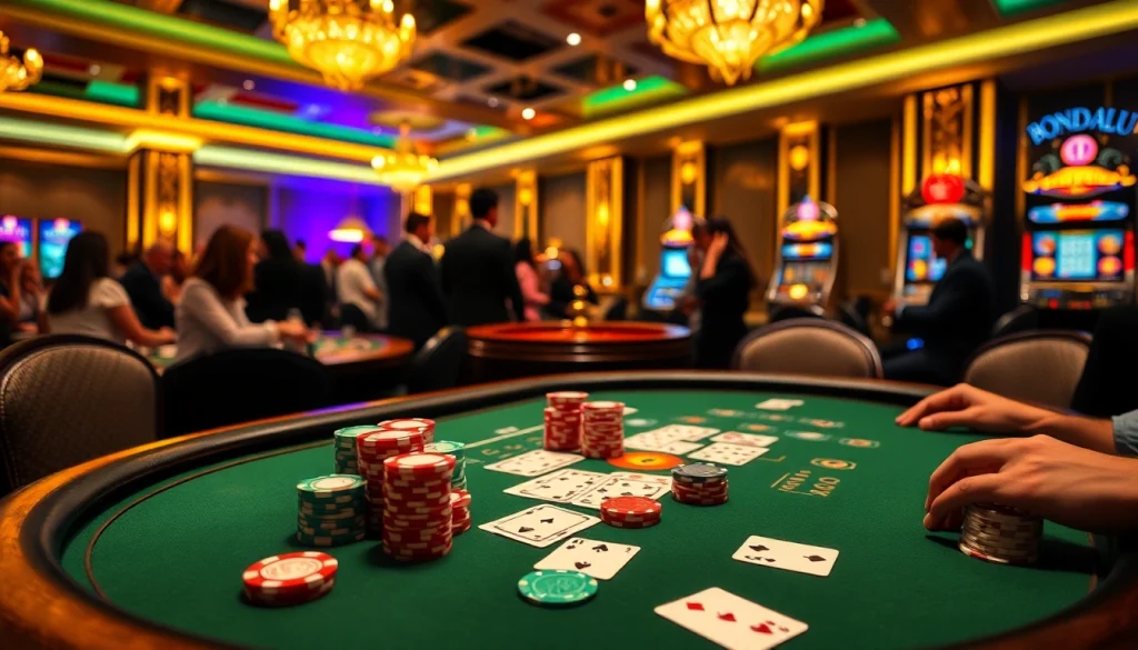 Bongdalu visualizing an exciting casino scene with poker game action, colorful chips, and roulette.