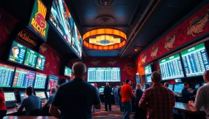 Engaging scene showcasing sports betting sites Oklahoma with enthusiastic bettors and live odds screens.