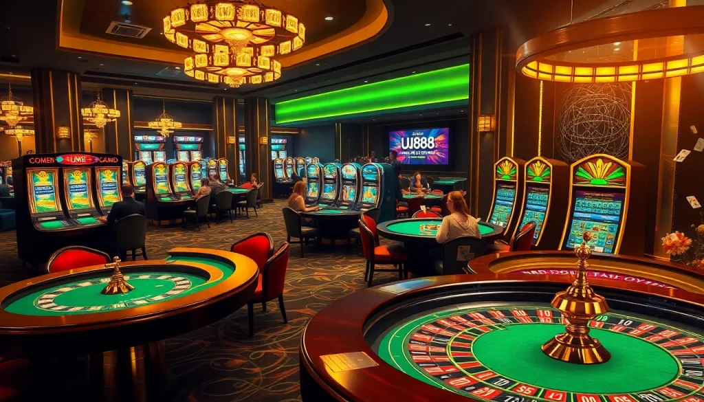 Experience the excitement of UU88 casino gaming with vibrant tables, chips, and players.