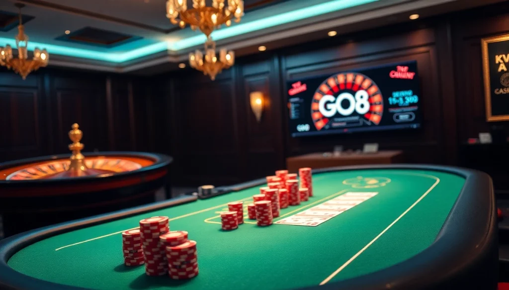 Engage in thrilling GO8 casino poker action with vibrant chips and sleek digital interface.