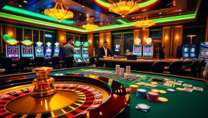 Exciting poker game at 88clb casino table showcasing colorful chips and cards.