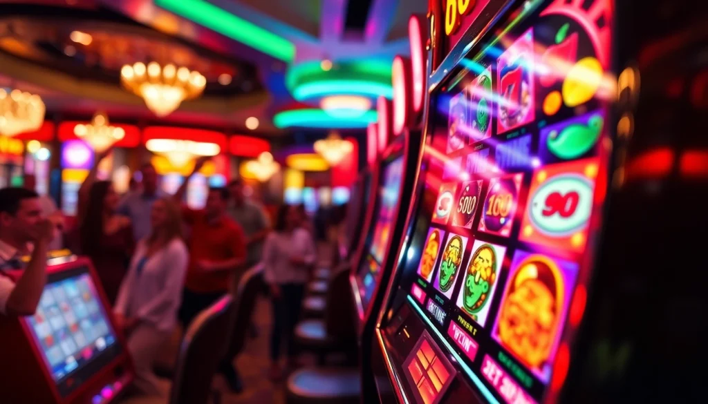 Menggugah selera untuk bermain walettoto dengan mesin slot berwarna cerah di lingkungan kasino yang hidup.