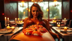 Body sushi displayed on a model in an upscale dining setting, showcasing artistic culinary presentation.