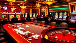 Experience thrilling gaming with FLY 88 at a luxurious casino table with vibrant chips and roulette wheels.