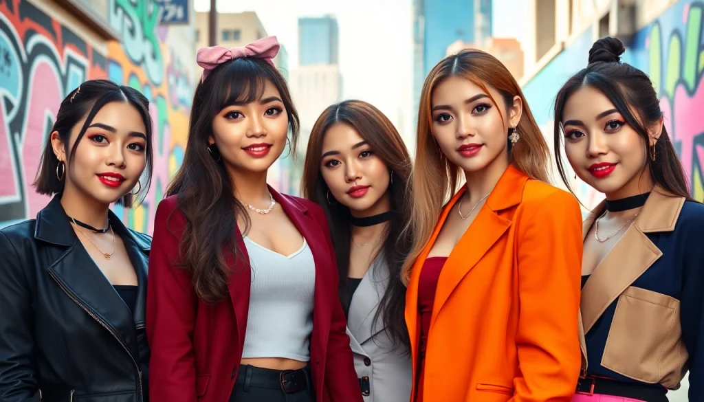 Blackpink members pose confidently in a vibrant urban scene, showcasing their unique styles.