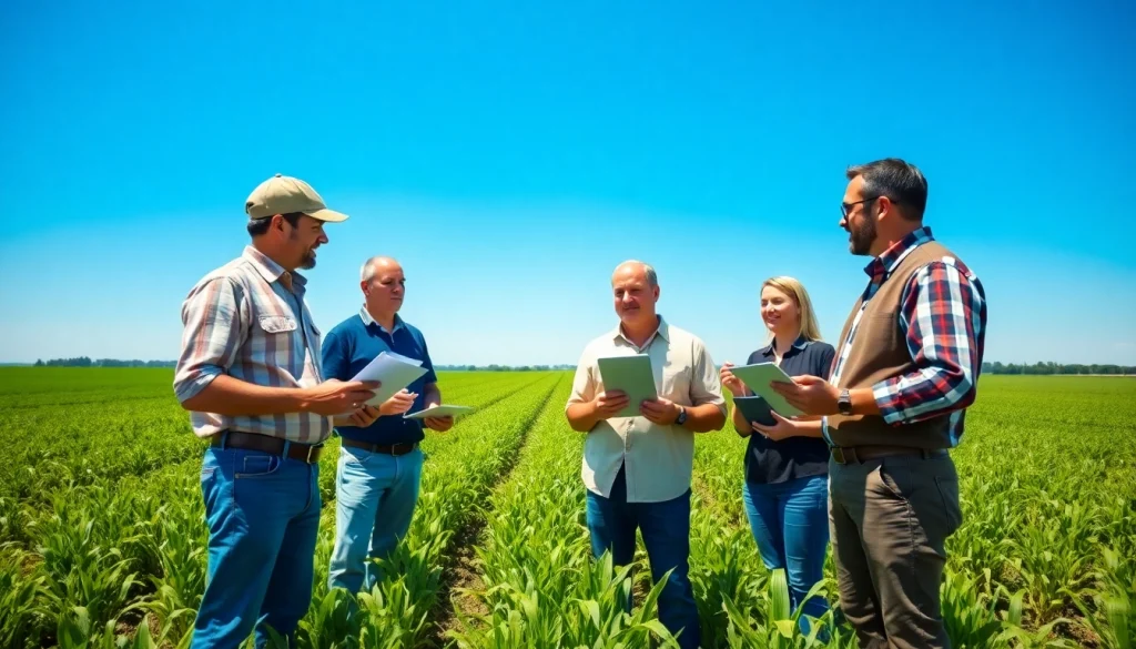 Farmers discussing agriculture law amidst vibrant crops in a sunny field.