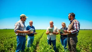 Farmers discussing agriculture law amidst vibrant crops in a sunny field.