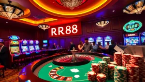 Exciting RR88 casino scene with roulette table, slot machines, and poker chips.
